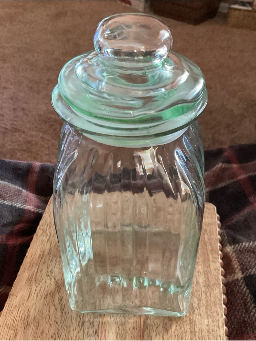 Vintage Square Ribbed 9 1/2” Tall Apothecary Jar with Lid Clear Light Green
